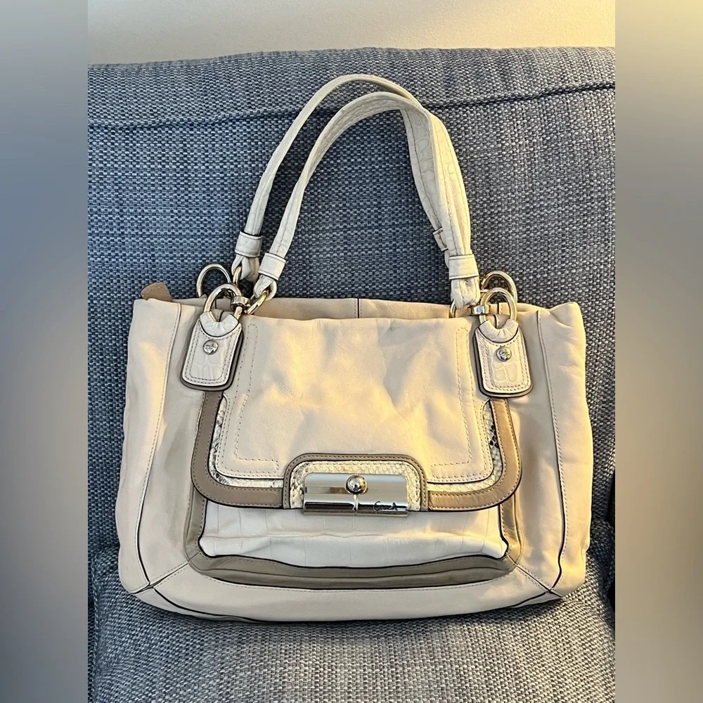 Coach Kristin Spectator leather zip Cream and Tan Women's Handbag w/ exotic trim